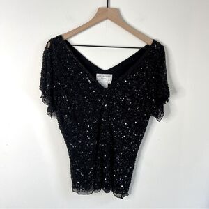 Papell Boutique Black Silk Sequin Evening Top size XL Beaded Stretchy Blouse
